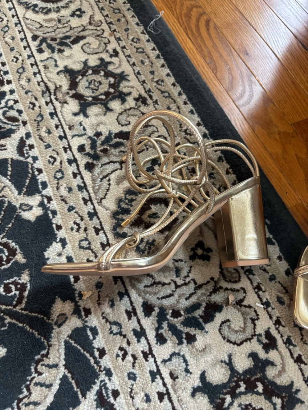 Gold Strappy Square-Toe Block Heel Sandals with Wrap Ties - Picture 2 of 6